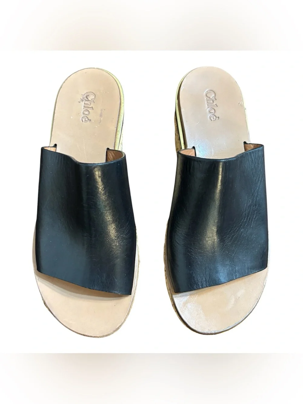 Chloé Black Leather platform Cork Wedge Slide Sandals size 7